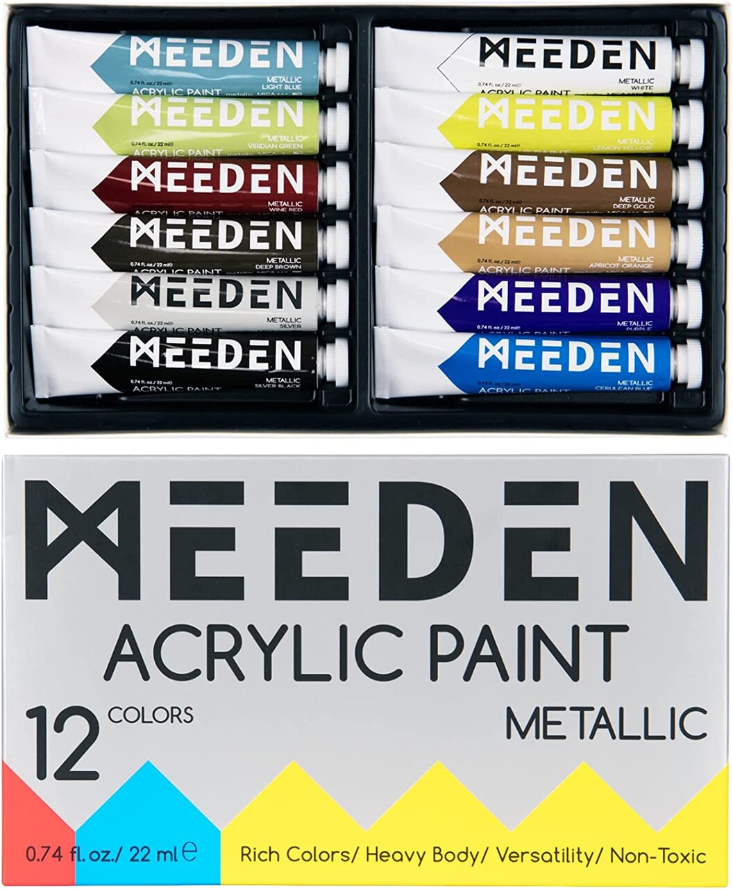 MEEDEN Metallic Acrylic Paint, Set of 12 Vibrant Colors Acrylic Tubes 0.74oz/22ml, Heavy Body Non Toxic Art Craft Paints for Artists, Kids & Beginners, Art Supplies for Canvas Wood Rocks Painting